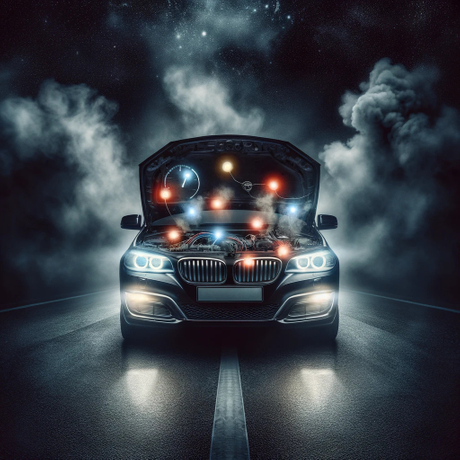 DALL·E 2024-06-06 09.08.32 - Et visuelt slående billede af en bils front med dæmpede forlygter, røg, der stiger fra motorhjelmen, og en række oplyste advarselslamper på dashboar.jpg