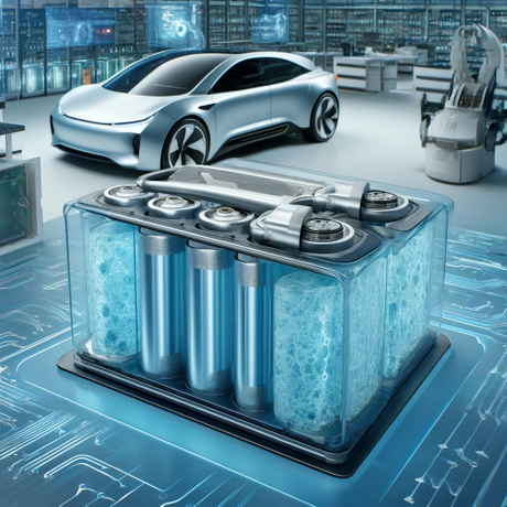 DALL·E 2024-06-17 10.48.40 - Et billede, der viser den avancerede anvendelse af aerogelteknologi i batterier til elektriske køretøjer.Billedet skal have en detaljeret udskæring af .jpg